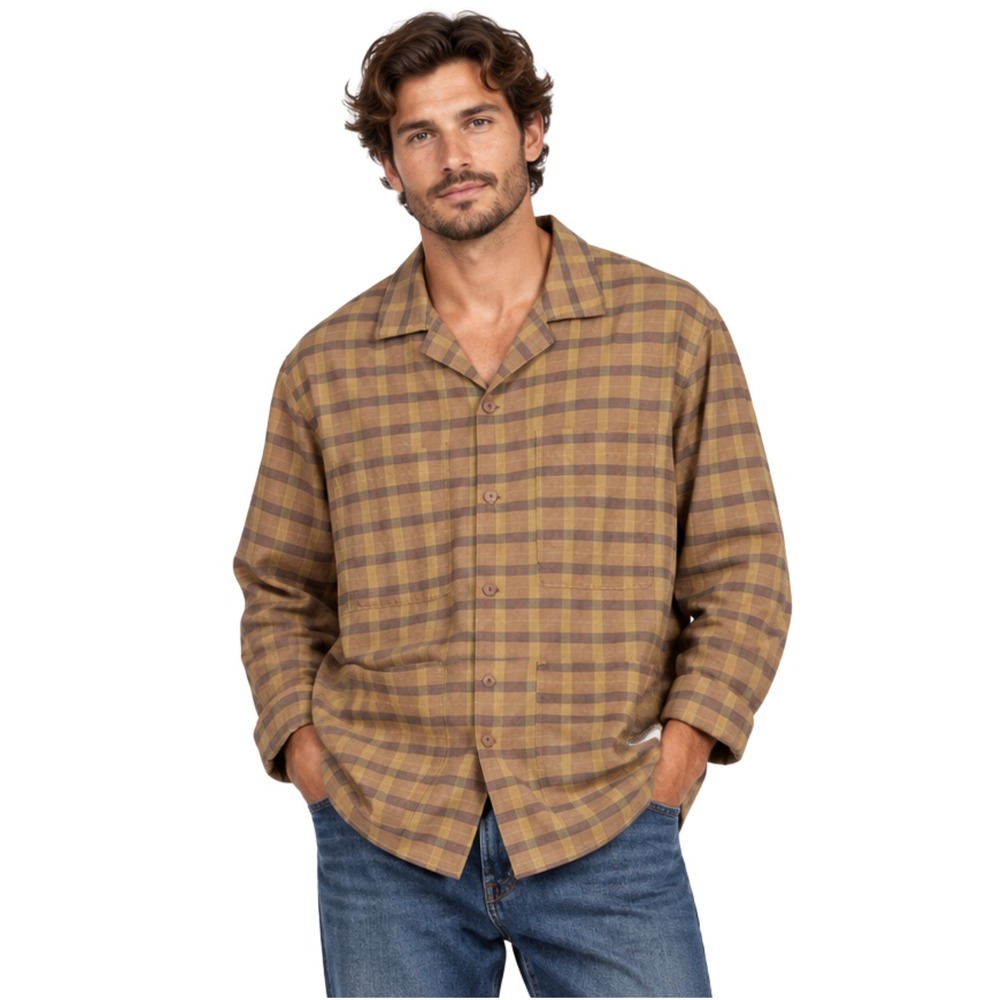 Adam Mar Surf Shop Shirt Mens XL Tan Plaid Cotton Camp Collar 4-Pocket USA